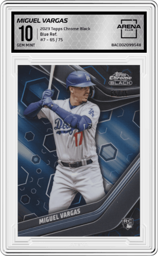 Miguel Vargas from the 2023 Topps Chrome Black set featuring a Blue Refractor parallel graded by Arena Club and given an overall grade of 10.