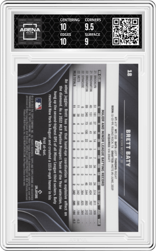 Brett Baty from the 2023 Topps Chrome Black set featuring a Blue Refractor parallel graded by Arena Club and given an overall grade of 9.5.