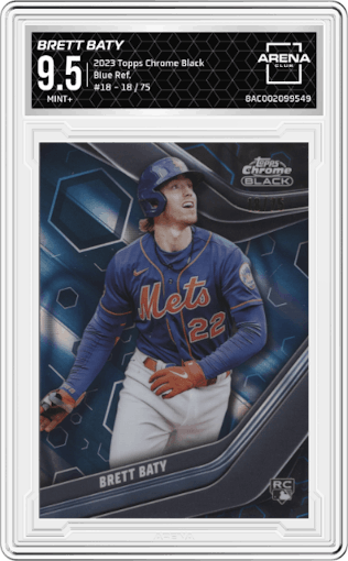 Brett Baty from the 2023 Topps Chrome Black set featuring a Blue Refractor parallel graded by Arena Club and given an overall grade of 9.5.