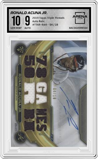 Ronald Acuna Jr. from the 2019 Topps Triple Threads set graded by Arena Club and given an overall grade of 10.