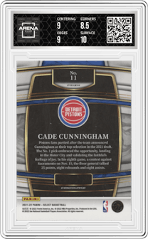Cade Cunningham from the 2021-22 Panini Select set featuring a Gold Wave parallel graded by Arena Club and given an overall grade of 9.