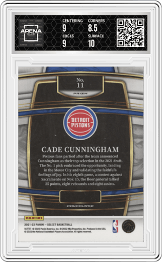 Cade Cunningham from the 2021-22 Panini Select set featuring a Gold Wave parallel graded by Arena Club and given an overall grade of 9.