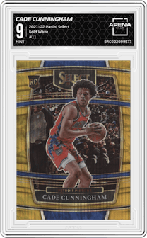 Cade Cunningham from the 2021-22 Panini Select set featuring a Gold Wave parallel graded by Arena Club and given an overall grade of 9.