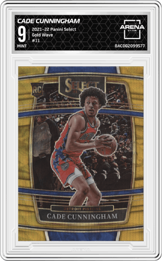 Cade Cunningham from the 2021-22 Panini Select set featuring a Gold Wave parallel graded by Arena Club and given an overall grade of 9.