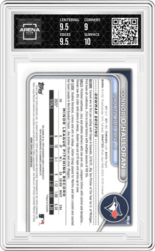 Connor O'Halloran from the 2024 Bowman set graded by Arena Club and given an overall grade of 9.5.