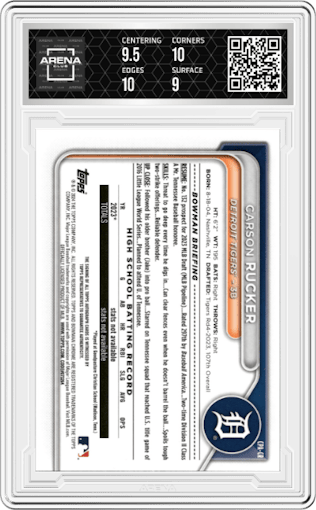 Carson Rucker from the 2024 Bowman set graded by Arena Club and given an overall grade of 9.5.