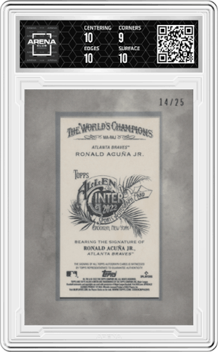 Ronald Acuna Jr, from the 2022 Topps Allen & Ginter X set graded by Arena Club and given an overall grade of 9.5.