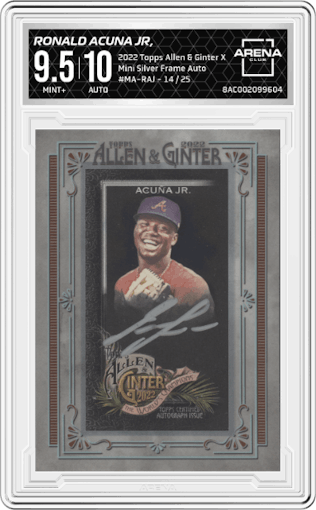 Ronald Acuna Jr, from the 2022 Topps Allen & Ginter X set graded by Arena Club and given an overall grade of 9.5.