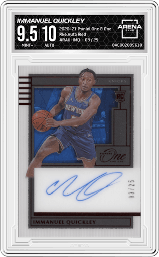 Immanuel Quickley from the 2020-21 Panini One and One set featuring a Red parallel graded by Arena Club and given an overall grade of 9.5.