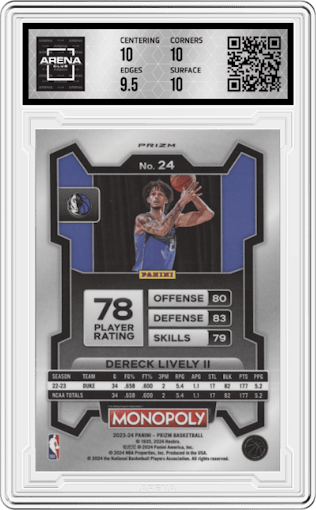 Dereck Lively II from the 2023-24 Panini Prizm Monopoly set featuring a Purple  parallel graded by Arena Club and given an overall grade of 10.