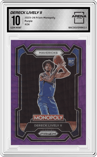 Dereck Lively II from the 2023-24 Panini Prizm Monopoly set featuring a Purple  parallel graded by Arena Club and given an overall grade of 10.