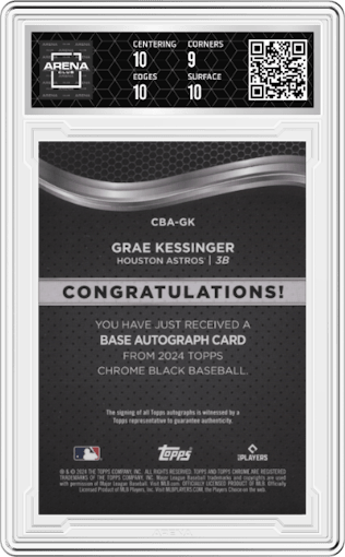 Grae Kessinger from the  2024 Topps Chrome Black set featuring a Green Refractors parallel graded by Arena Club and given an overall grade of 9.5.