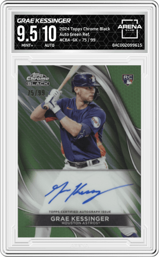 Grae Kessinger from the  2024 Topps Chrome Black set featuring a Green Refractors parallel graded by Arena Club and given an overall grade of 9.5.