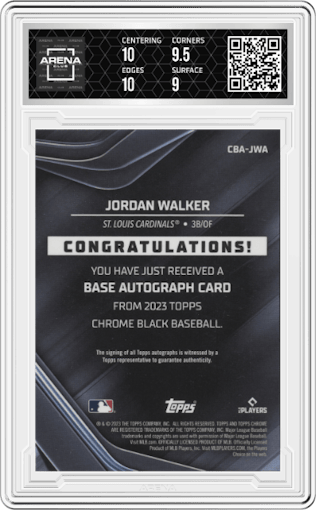 Jordan Walker from the 2023 Topps Chrome Black set featuring a Gold Refractor parallel graded by Arena Club and given an overall grade of 9.5.