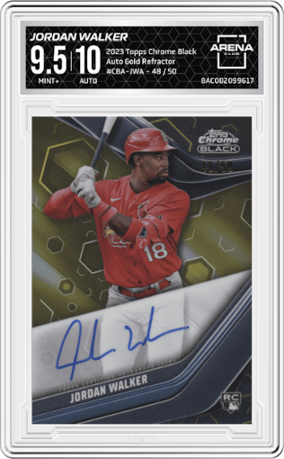 Jordan Walker from the 2023 Topps Chrome Black set featuring a Gold Refractor parallel graded by Arena Club and given an overall grade of 9.5.