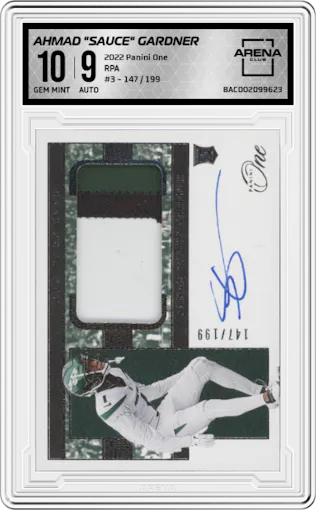 Ahmad "Sauce" Gardner from the 2022 Panini One set graded by Arena Club and given an overall grade of 10.