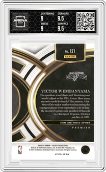 Victor Wembanyama from the 2023-24 Panini Select  set featuring a Orange Flash parallel graded by Arena Club and given an overall grade of 9.5.