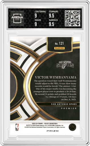 Victor Wembanyama from the 2023-24 Panini Select  set featuring a Orange Flash parallel graded by Arena Club and given an overall grade of 9.5.