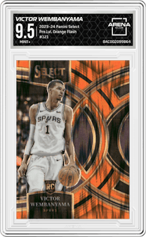 Victor Wembanyama from the 2023-24 Panini Select  set featuring a Orange Flash parallel graded by Arena Club and given an overall grade of 9.5.