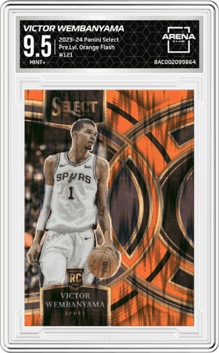Victor Wembanyama from the 2023-24 Panini Select  set featuring a Orange Flash parallel graded by Arena Club and given an overall grade of 9.5.