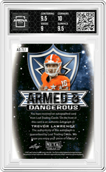 Trevor Lawrence from the 2021 Leaf Metal Draft set featuring a Purple parallel graded by Arena Club and given an overall grade of 9.5.