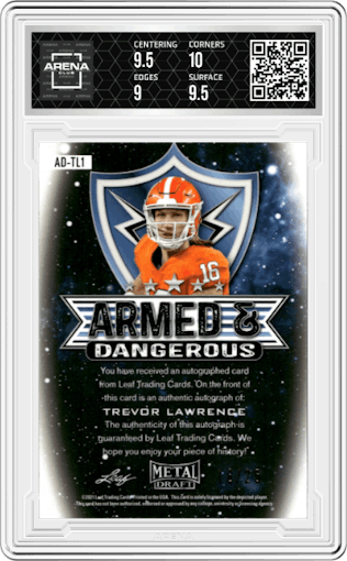 Trevor Lawrence from the 2021 Leaf Metal Draft set featuring a Purple parallel graded by Arena Club and given an overall grade of 9.5.