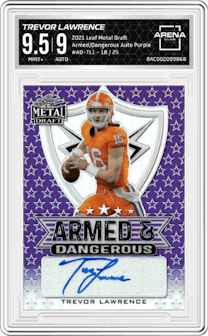 Trevor Lawrence from the 2021 Leaf Metal Draft set featuring a Purple parallel graded by Arena Club and given an overall grade of 9.5.