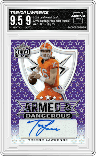 Trevor Lawrence from the 2021 Leaf Metal Draft set featuring a Purple parallel graded by Arena Club and given an overall grade of 9.5.