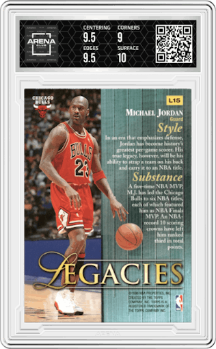 Michael Jordan from the 1998-99 Topps set graded by Arena Club and given an overall grade of 9.5.