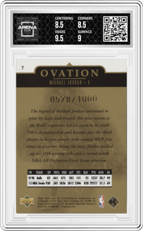 Michael Jordan from the 1998-99 Upper Deck Ovation set featuring a Gold parallel graded by Arena Club and given an overall grade of 9.
