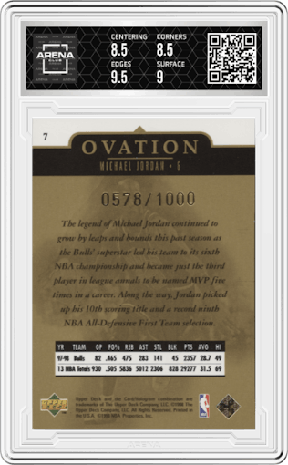 Michael Jordan from the 1998-99 Upper Deck Ovation set featuring a Gold parallel graded by Arena Club and given an overall grade of 9.