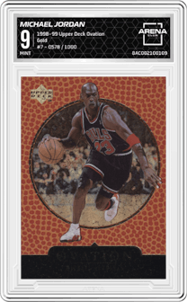 Michael Jordan from the 1998-99 Upper Deck Ovation set featuring a Gold parallel graded by Arena Club and given an overall grade of 9.