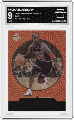 Michael Jordan from the 1998-99 Upper Deck Ovation set featuring a Gold parallel graded by Arena Club and given an overall grade of 9.