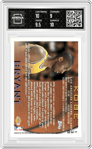 Kobe Bryant  from the 1996-97 Topps set graded by Arena Club and given an overall grade of 9.5.