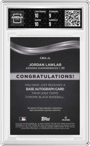 Jordan Lawlar from the  2024 Topps Chrome Black set graded by Arena Club and given an overall grade of 9.5.