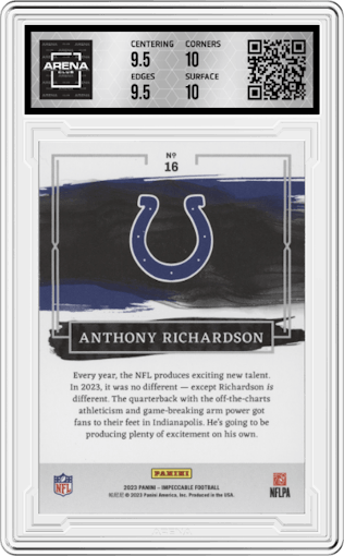  Anthony Richardson from the 2023 Panini Impeccable set featuring a Gold parallel graded by Arena Club and given an overall grade of 10.