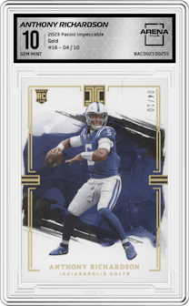 Anthony Richardson from the 2023 Panini Impeccable set featuring a Gold parallel graded by Arena Club and given an overall grade of 10.