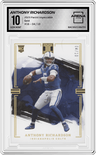 Anthony Richardson from the 2023 Panini Impeccable set featuring a Gold parallel graded by Arena Club and given an overall grade of 10.