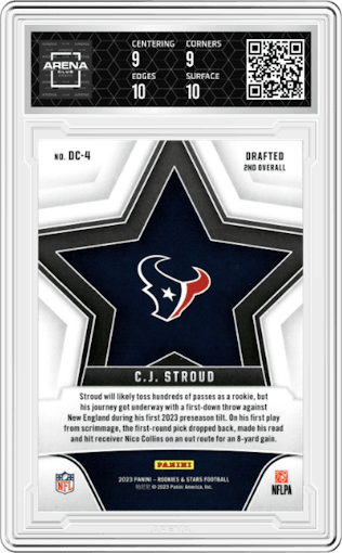 C.J. Stroud from the 2023 Panini Rookies & Stars set featuring a Red  parallel graded by Arena Club and given an overall grade of 9.5.