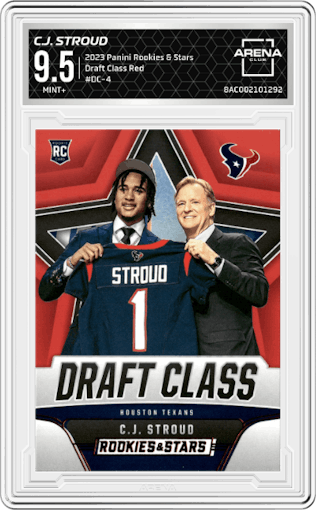 C.J. Stroud from the 2023 Panini Rookies & Stars set featuring a Red  parallel graded by Arena Club and given an overall grade of 9.5.