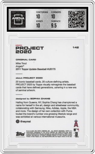 Mike Trout from the 2020 Topps Project 2020  set graded by Arena Club and given an overall grade of 10.