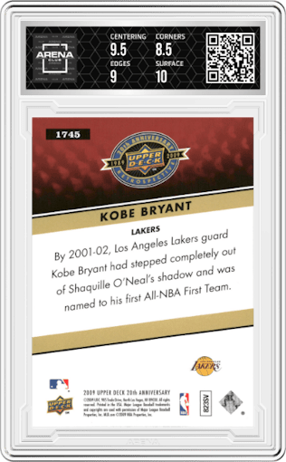 Kobe Bryant from the 2009 Upper Deck 20th Anniversary set graded by Arena Club and given an overall grade of 9.
