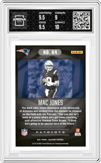 Mac Jones from the 2021 Panini Illusions set featuring a Retail parallel graded by Arena Club and given an overall grade of 9.5.