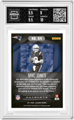 Mac Jones from the 2021 Panini Illusions set featuring a Retail parallel graded by Arena Club and given an overall grade of 9.5.