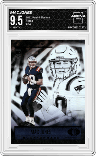 Mac Jones from the 2021 Panini Illusions set featuring a Retail parallel graded by Arena Club and given an overall grade of 9.5.