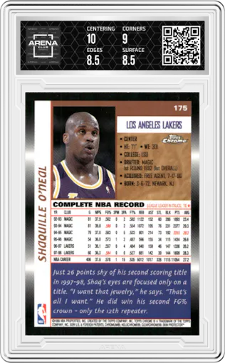 Shaquille O'Neal from the 1998-99 Topps Chrome set graded by Arena Club and given an overall grade of 9.