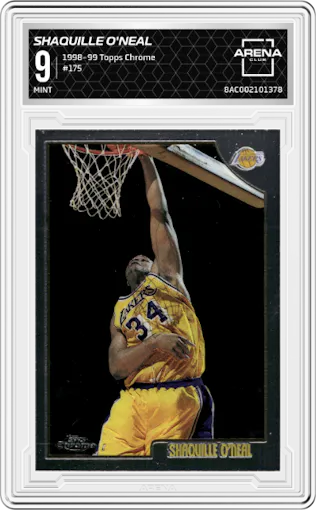 Shaquille O'Neal from the 1998-99 Topps Chrome set graded by Arena Club and given an overall grade of 9.