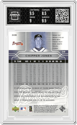 Chipper Jones from the 2005 Upper Deck set graded by Arena Club and given an overall grade of 9.