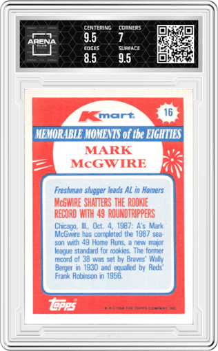 Mark McGwire from the 1988 Topps Kmart Memorable Moments set graded by Arena Club and given an overall grade of 7.5.