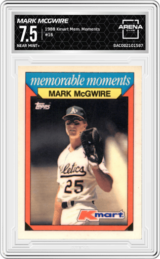 Mark McGwire from the 1988 Topps Kmart Memorable Moments set graded by Arena Club and given an overall grade of 7.5.